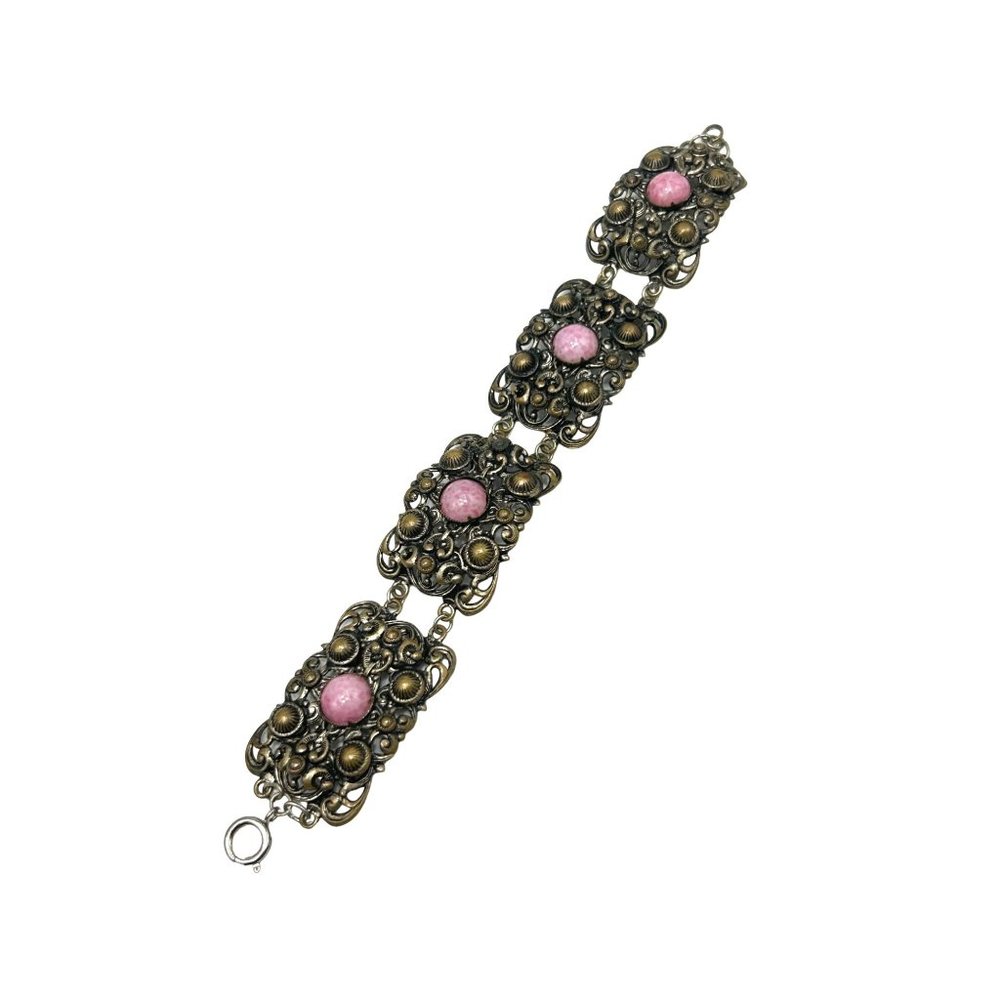 Vintage Filigree Bracelet Pink Glass Cabochons Panel Bracelet Brass Tone Metal
